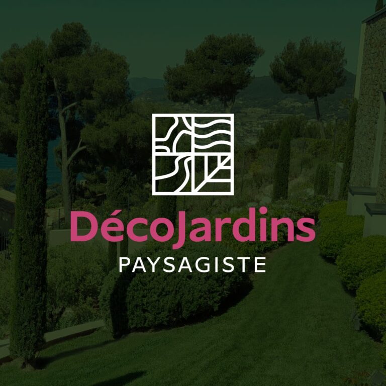 Logo de Déco Jardins positionné sur une photo d'aménagement de jardin